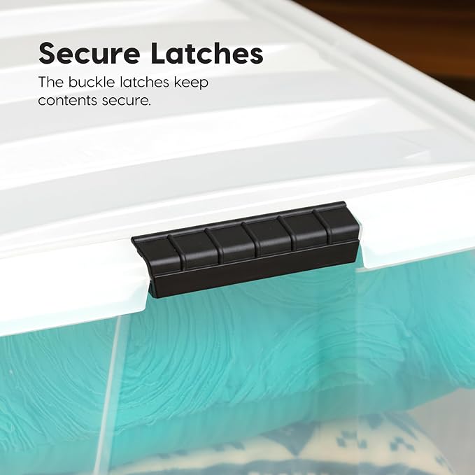 IRIS USA 94 Qt Stackable Plastic Storage Bins with Lids, 4 Pack - BPA-Free, Made in USA - See-Through Organizing Solution, Latches, Durable Nestable Containers, Secure Pull Handle - Clear/White - Image 4