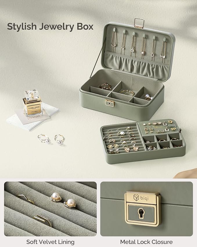 Jewelry Box, 2-Layer Jewelry Holder Organizer with Lock, Removable Jewelry Tray for Earrings Necklaces Bracelets, Green - Image 5