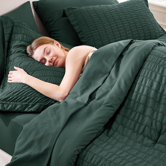 CozyLux King Size Comforter Set Forest Green Seersucker 7 Pieces Bed in a Bag King Comforter Set with Sheets, Luxury Soft Bedding Sets with Down Alternative Comforter, Sheets, Pillowcases & Shams