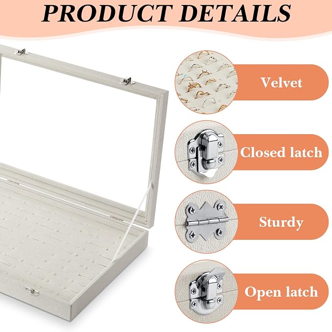 Yinkin 2 Pcs 100 Slots Ring Organizer Box with Transparent Glass Lid Necklace Display Tray Ring Case Velvet Jewelry Holder - Image 3
