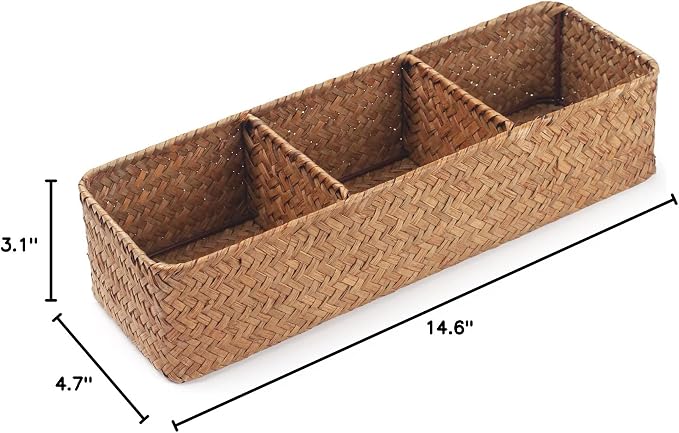 Seagrass Storage Basket 3 Sections Woven Shelf Baskets with Compartment (Natural, 14.6inch x 4.7inch x 3.1inch) - Image 7
