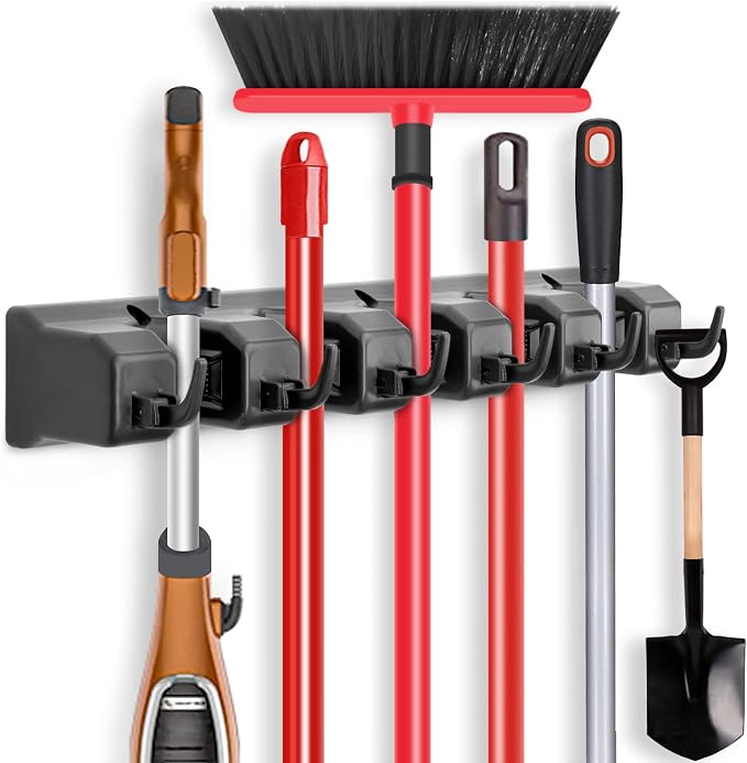 IMILLET Mop and Broom Holder, Wall Mounted Organizer-Mop and broom Storage Tool Rack with 5 Ball Slots and 6 Hooks (Black) by IMILLET