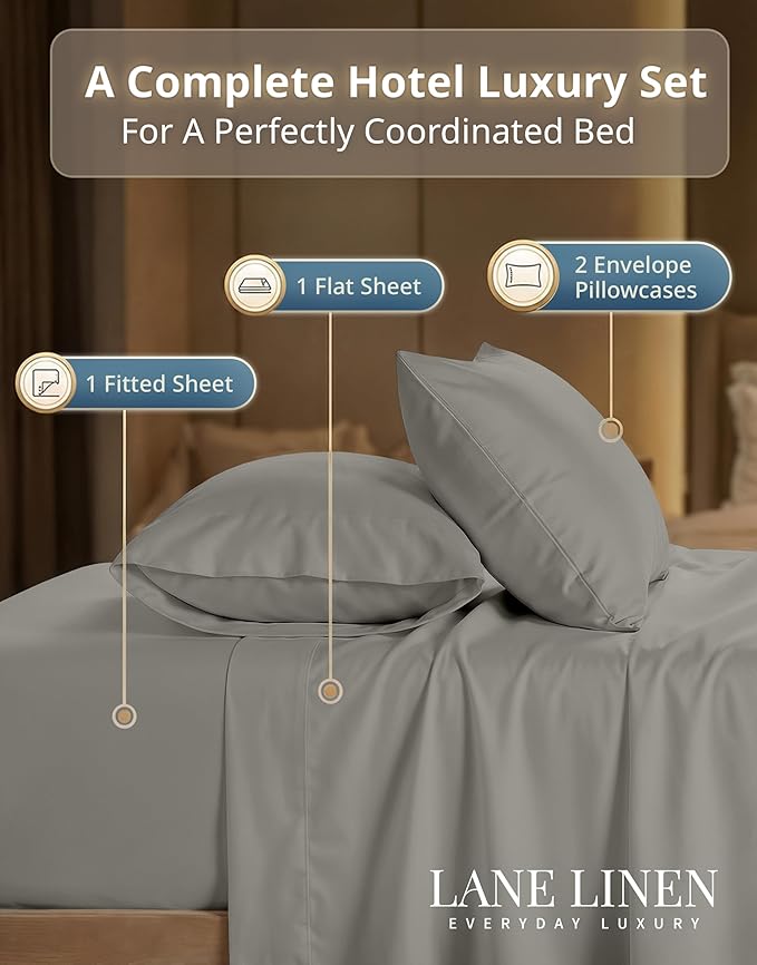 LANE LINEN 100% Cotton Full Bed Sheets Set - 600 Thread Count Premium Sateen Weave - Breathable & Cooling Sheets, Perfect for A Good Night's Sleep in Summer - Fits Mattresses Upto 15'' Deep - Silver