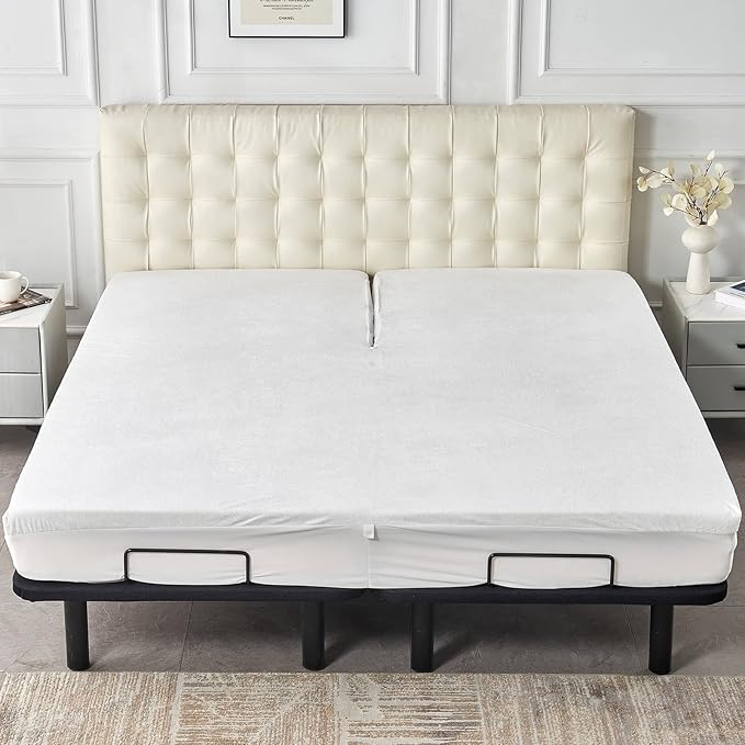 Kingnex Waterproof Half Split Top King Mattress Protector for Adjustable Bed with Upper Flex 36-39 from Head Soft Noiseless Bamboo Viscose Terry Fitted Mattress Cover