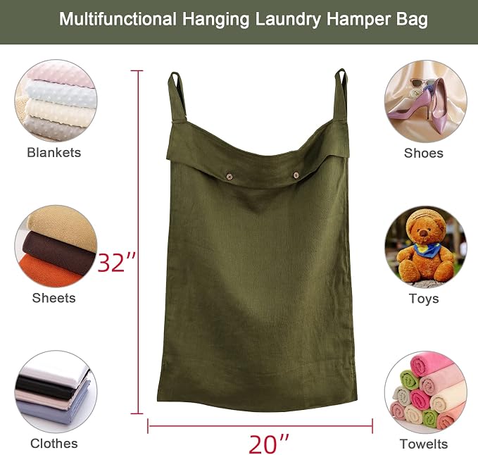 Linen Hanging Laundry Bag, 100% Linen Over The Door Laundry Hamper with Buttons and Zipper, Space Saving Door Hampers for Laundry Dirty Clothes Home Travel, Green - Image 2