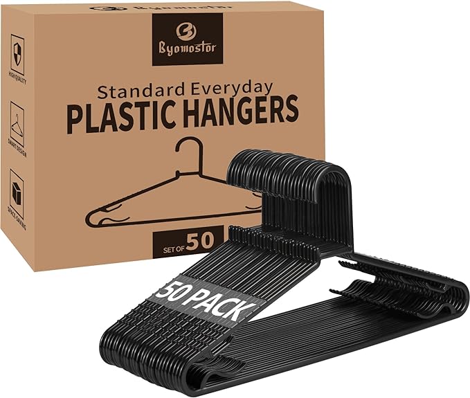 Byomostor Black Plastic Hangers 50 Pack, Light Weight Durable Clothes Hangers G-Shape Standard Size Non-Slip Coat Hanger Adult Clothes Hangers for Laundry & Everyday Use -Slim & Space Saving by Byomostor