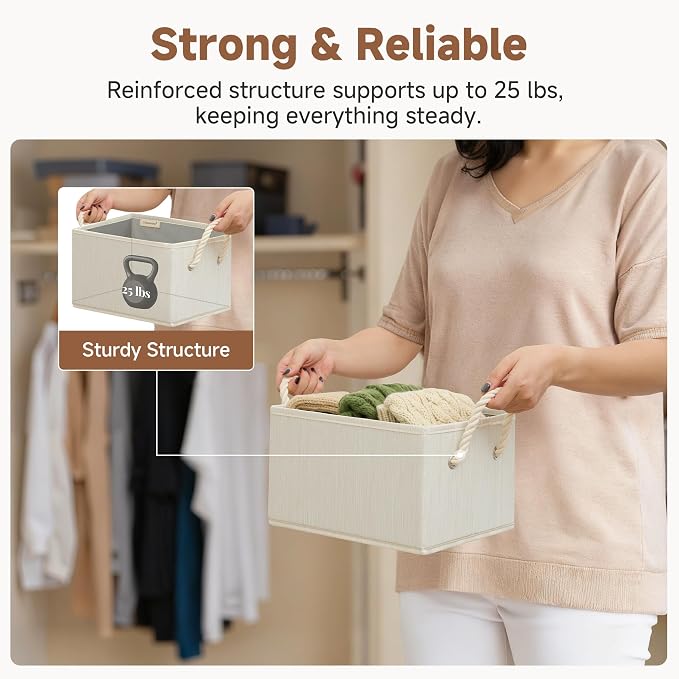 StorageWorks Fabric Storage Bins for Shelves, Storage Baskets for Closet Organization, Organizer Bins for Clothes Storage, Beige, White & Ivory, 3-Pack, Small - Image 5