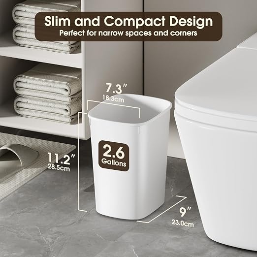 CEROELDA Small Bathroom Trash Can, 2.6 Gallon Slim Mini Garbage Can Small Trash Bin Plastic Waste Basket for Dorm Room, Bedroom, Office, Toilet (White) - Image 2