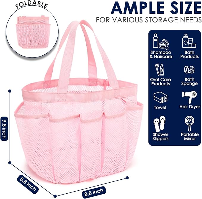 GYEUKHAM Large Mesh Shower Caddy Portable with 8-Pocket for College Dorm Room Essentials,Quick-Dry Handing Shower Basket Tote Bag for Toiletry, Bathroom,Beach,Camp,Gym,Pink - Image 4