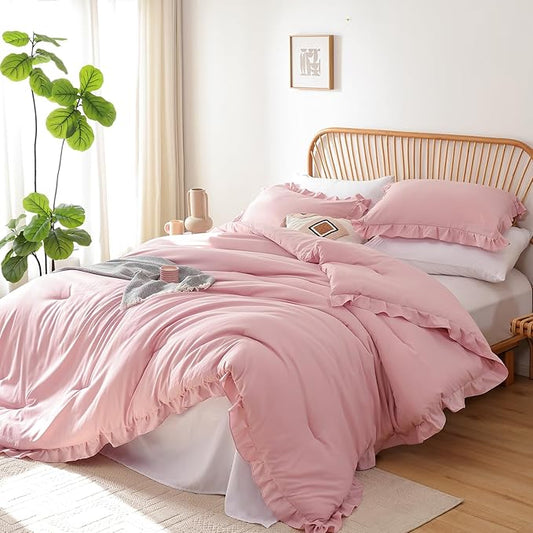 JANZAA Twin Comforter Set Baby Pink Ruffle Comforter with 1 Pillowcase Soft Twin Size Bed Set Vintage Farmhouse Bed Comforter Set Fluffy Shabby Chic Bedding for All Season