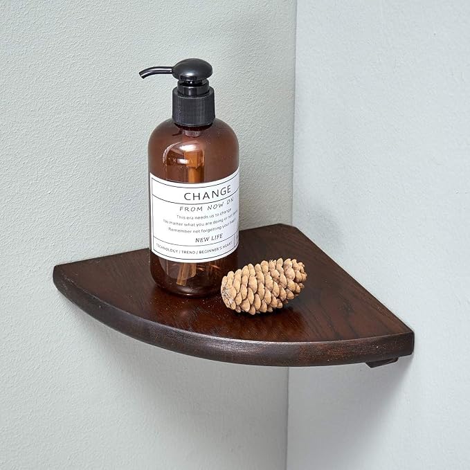 Corner Shelf, Solid Oak Wood Floating Corner Shelf Wall Mount Round End Floating Speaker Shelves with Wire Hole for Small Plant Photo Frame for Bedroom Kitchen, Living Room (Walnut, 7in) by Coamily