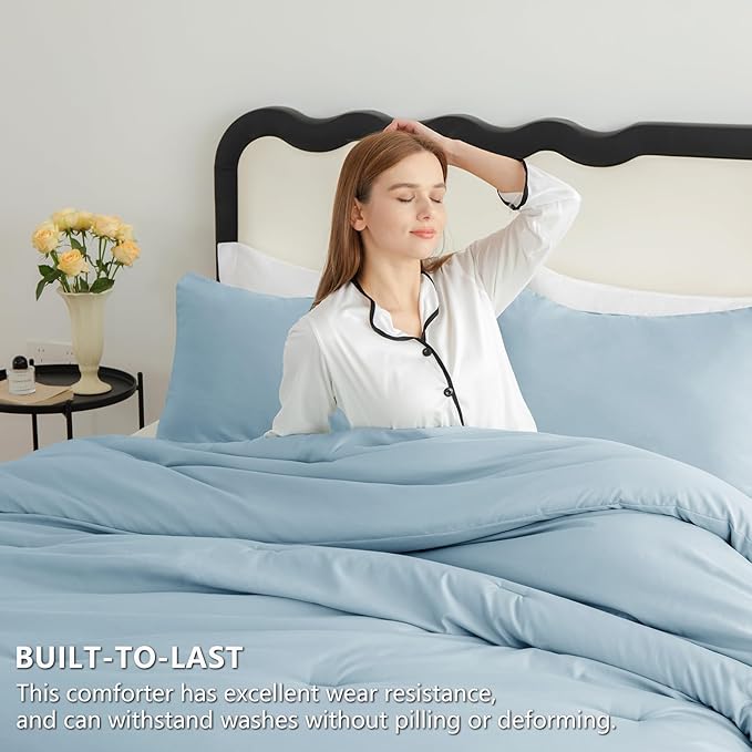 CozyLux Queen Comforter Set Light Blue, 3 Pieces Solid Comforters Queen Size Breathable Bedding Sets, Luxury Soft Lightweight Bed Set with Down Alternative Comforter and 2 Pillowcases for All Seasons