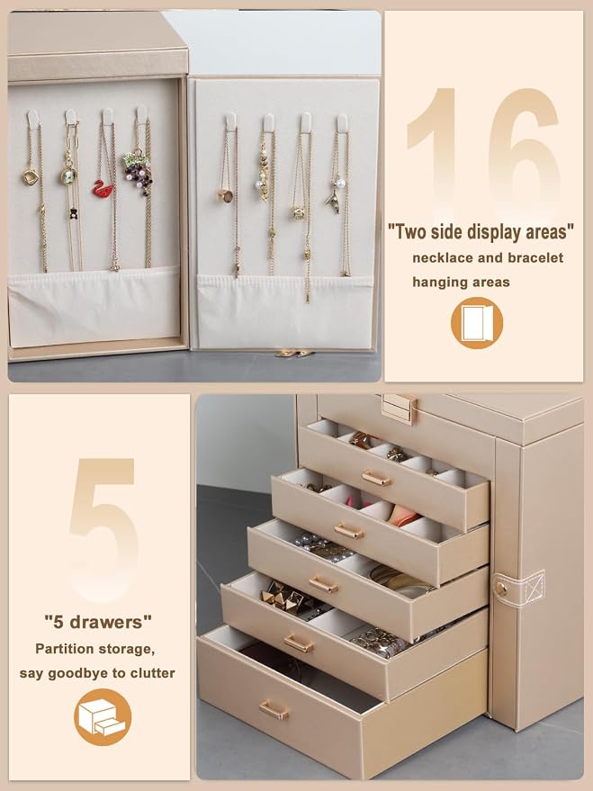 BOOVO Jewelry Box For women, 6 Layer Large Jewelry Organizer With Mirror, Multi-Function Storage Box With Lock, Necklace Holder With 5 Drawers, For Earrings Necklace Bracelet (Champagne Gold) - Image 5
