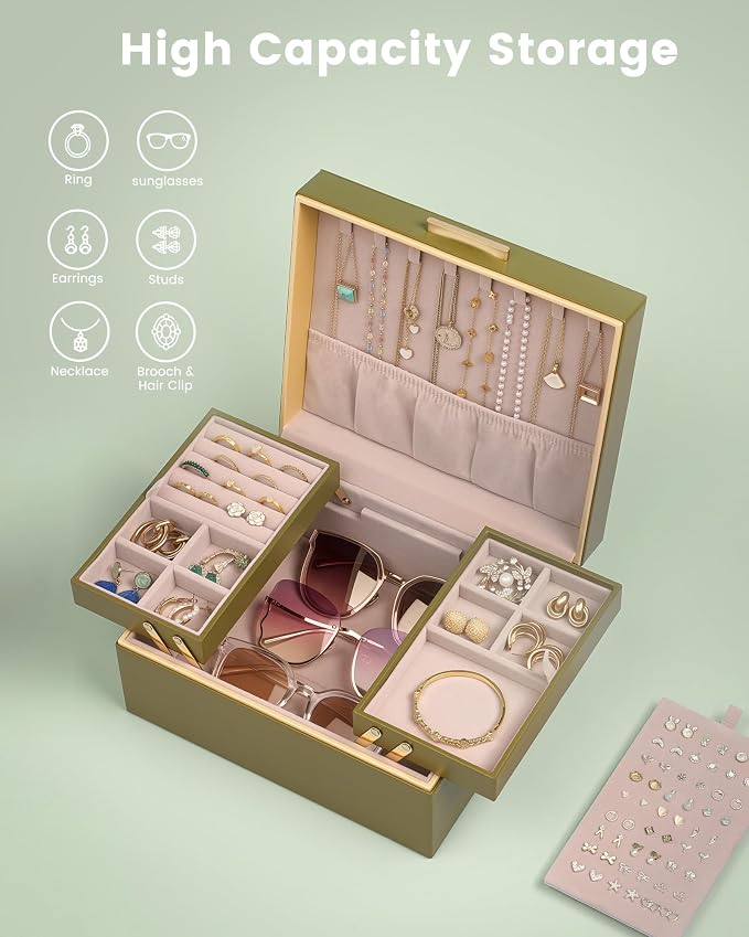 Lolalet Jewelry Box Organizer for Women Girls, 2 Layer Jewelry Organizers and Storage for Necklace Earrings Rings Bracelets, Large Jewellery Holder Case Birthday Mothers Day Gifts -Olive Green - Image 3
