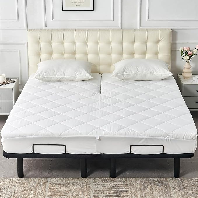 Kingnex Split Top California King Mattress Topper for Adjustable Bed Fluffy Matress Cover Quilted Fitted Mattress Pad with Deep Pocket 32-34 Split from Head