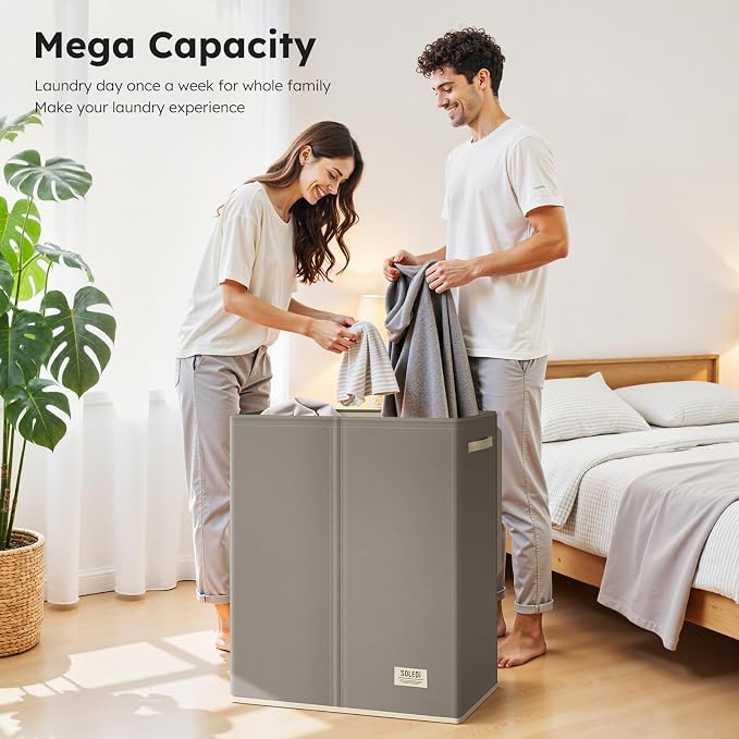 SOLEDI Large Double Laundry Hamper with Lid, Collapsible Clothes Hamper 2 section with Removable Bags, Space-Saving Laundry Basket for Bedroom, Dorm, College - Image 2