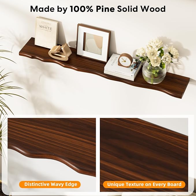 Floating Shelves for Wall Rustic Farmhouse 55 Inch Floating Shelf Bathroom Wooden Shelves for Wall Mounted Live Edge Pine Shelf with Unique Natural Grain for Living Room Bedroom Kitchen (Walnut) - Image 5