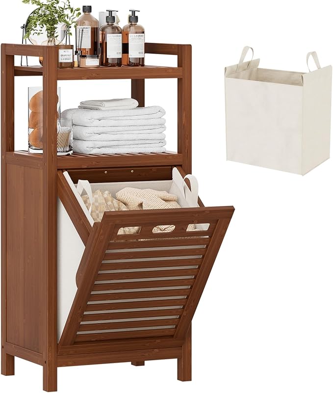 Homykic Tilt Out Laundry Hamper, 10 Gal Bamboo Laundry Storage Cabinet with Removable Basket, Hidden Hamper Organizer with Shelf for Dirty Clothes, Bathroom, Laundry Room, Space Saving, Walnut by Homykic