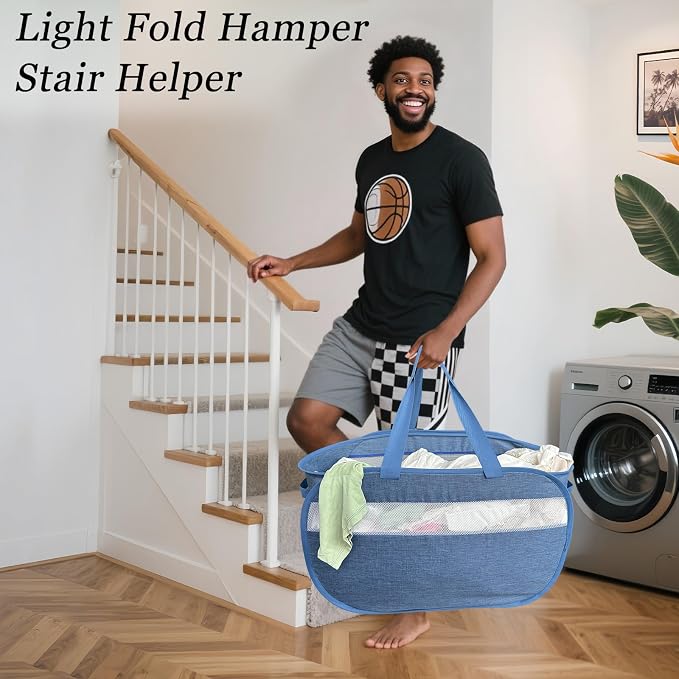 100L Mesh Pop Up Laundry Hampers with Handles, Extra Large Collapsible Laundry Baskets 2 Pack, Portable Travel Laundry Basket, Dirty Clothes Hamper Light Breathable, Bule. 2H - Image 8