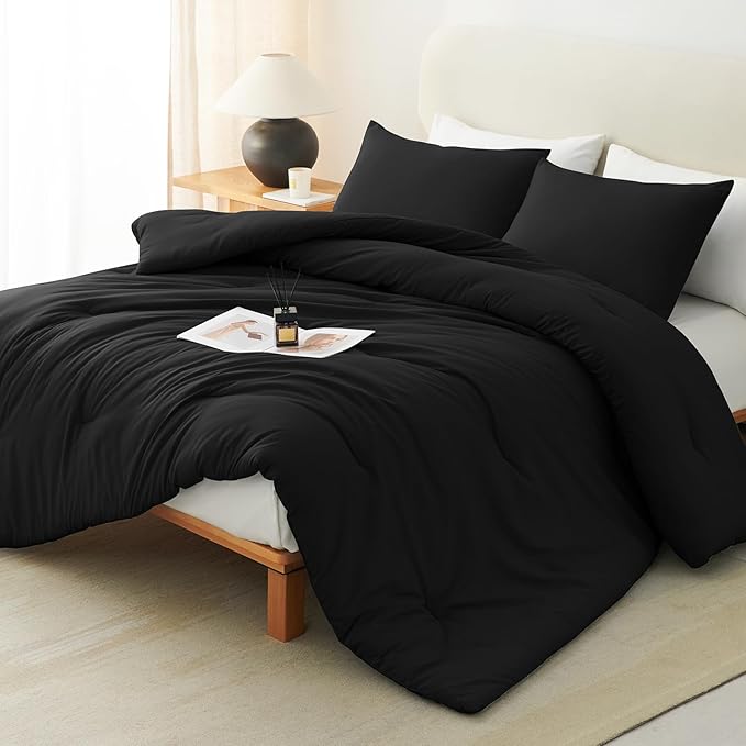 CozyLux Oversized Queen Comforter Set Black, 3 Pieces 98x98 Solid Breathable Quilted Bedding Sets for All Season, Luxury Soft Lightweight Bed Set with Down Alternative Comforter and 2 Pillowcases