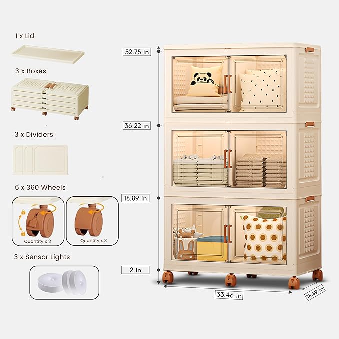 FINCHESCLUB 568QT XL Stackable Storage Bins with Lids, 141Gal Foldable Storage Bins with Doors, Wheels and Lights - Collapsible Closet Cabinets for Home Office - 3 Pack - Off White