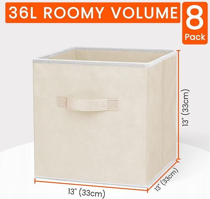 Criusia Large Storage Cubes - 13 Inch Heavy Duty Fabric Storage Bins for Shelves Closet, Cube Organizer - 8 Pack Collapsible Cube Storage Bins Baskets for Organizing Clothes Blankets Toys (Beige) - Image 2