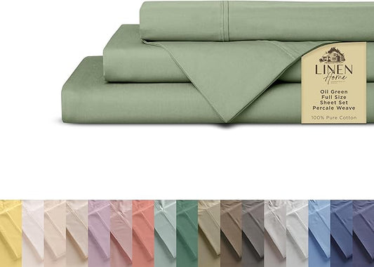 Linen Home 100% Cotton Percale Sheets Full Size, Oil Green – Crisp & Cool, Breathable, Long-Staple Combed Cotton, 16" Deep Pocket, 4 Pieces: 1 Flat, 1 Fitted Sheet & 2 Pillowcases