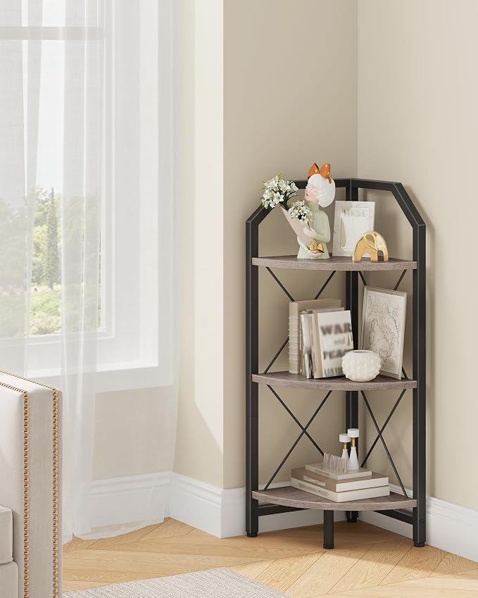 CHOEZON 3-Tier Corner Shelf, Industrial Corner Bookshelf, 35.4" Storage Stand, Plant Stand Display Shelf, Bookcase for Bedroom, Living Room, Home Office, Greige and Black TCJ03BG by Choezon