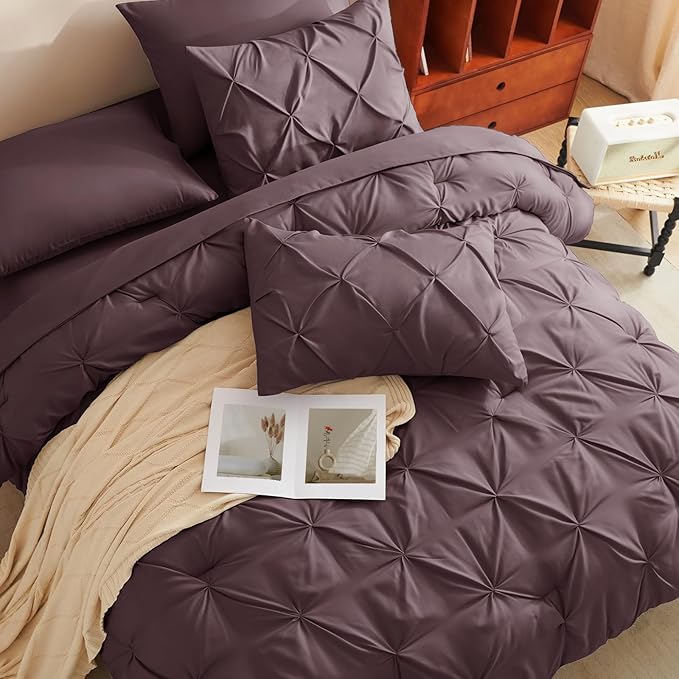 CozyLux Full Size Comforter Sets Cocoa Powder, 7 Pieces Pintuck Bed in A Bag Cocoa Powder Comforter Full Size, Pinch Pleat Bedding Sets with All Season Comforter, Sheets, Pillowcases & Shams