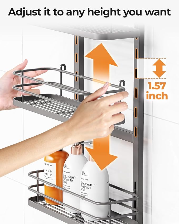 ODesign 3 Tier Height-Adjustable Shower Caddy Hanging Anti-Swing-Over The Shower Head Caddy-Showe r Storage Organizer Bathroom Shelves Basket Caddies-Grey - Image 6
