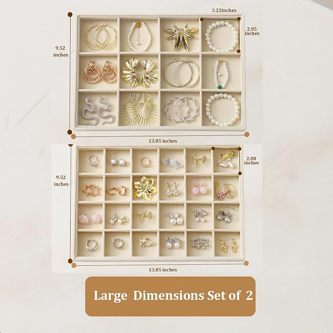 Large Velvet Jewelry Tray 2 Pack Stackable Jewelry Display Drawer Inserts Trays Organizer for Earring Bracelet Necklace Ring (Beige, 12 Grids+24 Grids) - Image 3