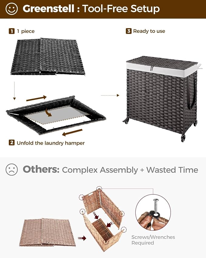 Greenstell Laundry Hamper with Wheels&Lid, 130L Large 3 Sections Clothes Hamper with 2 Types Removable Liner Bags, 5 Mesh Laundry Bags, Handwoven Divided Laundry Basket Black - Image 7