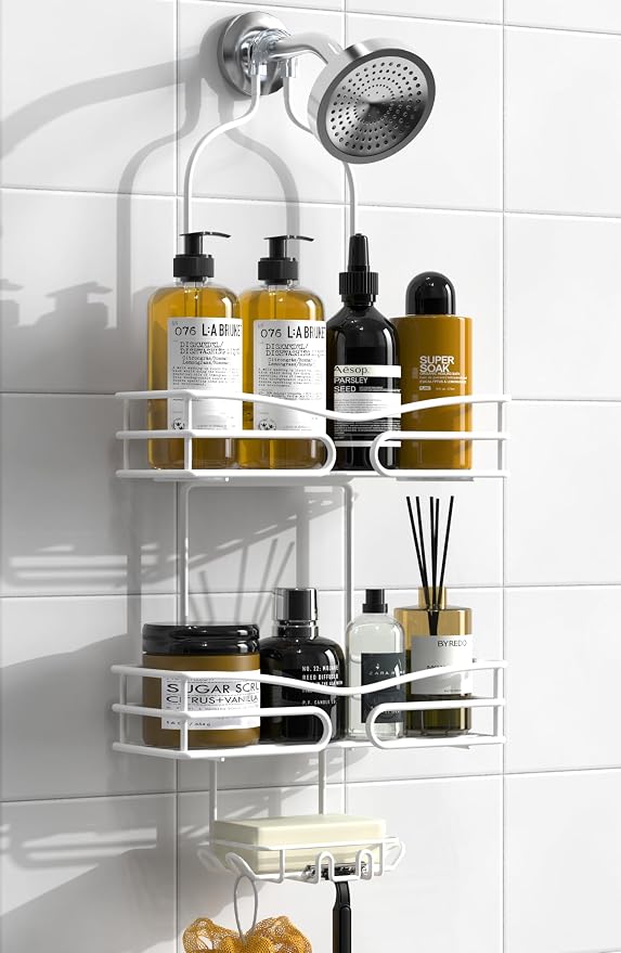DAOYA Over Head Shower Caddy - Bathroom Shower Organizer with Soap Holder & 6 Hooks for Towels, White, 76L Capacity, Hanging Mount, Rust Resistant - Image 7