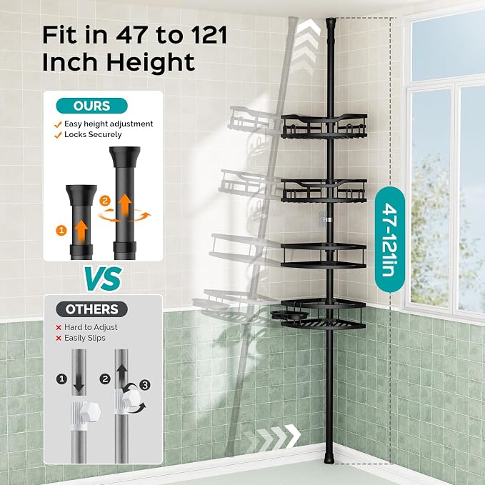 HAMITOR Corner Shower Caddy Tension Pole: Rustproof Stable 4-Tier Bathroom Organizer Shelves for Bathtub Shampoo Storage - 47-121 Inch Quick Install Adjustable Standing Rack with Soap Rack - Black - Image 4