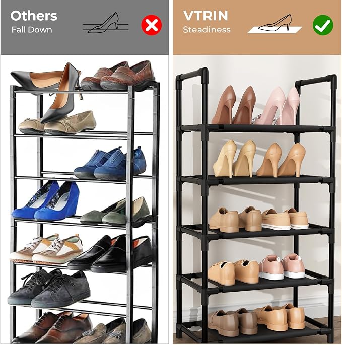 VTRIN 10 Tiers Tall Shoe Rack Holds 20-25 Pairs of Shoes Sturdy Vertical Shoe Organizer with 18pcs Hooks Stackable Narrow Shoe Rack for Closet, Entryway Black - Image 6