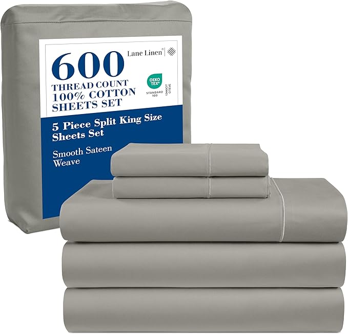 LANE LINEN Split King Sheet Sets for Adjustable Beds - 5 PCs, 600 Thread Count Split King Sheets Set - Sateen Weave King Split Sheets for Adjustable Bed Luxury Hotel Thick Bedding - Silver
