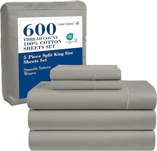 LANE LINEN Split King Sheet Sets for Adjustable Beds - 5 PCs, 600 Thread Count Split King Sheets Set - Sateen Weave King Split Sheets for Adjustable Bed Luxury Hotel Thick Bedding - Silver