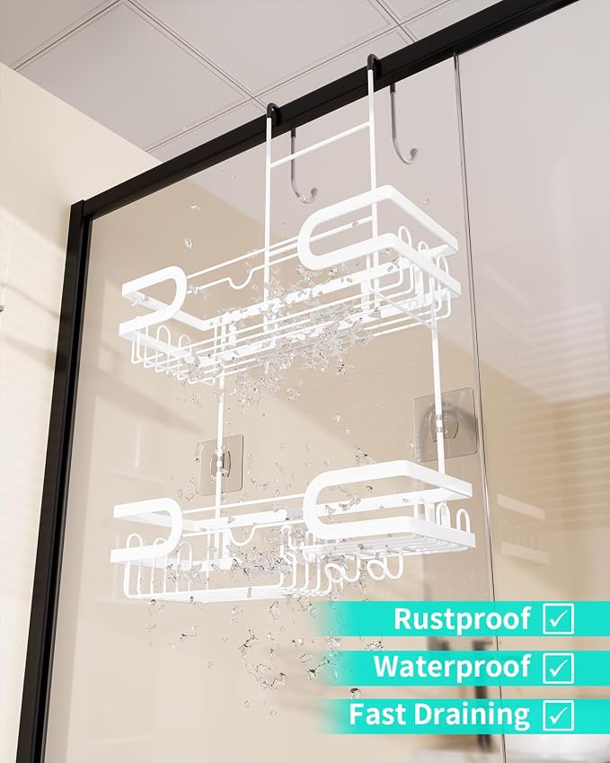 HapiRm Shower Caddy Over Door- Hanging Shower Organizer with 14 Hooks and Soap Holder, Rustproof & Waterproof Stainless Steel Bathroom Shelf - White - Image 4