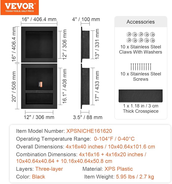 VEVOR Shower Niche Ready for Tile 16" x 16" & 16" x 20", Triple Shelf Organizer, Square Corners Wall-Inserted Niche Recessed, Sealed Protection Modern Soap Storage Niche for Shower Bathroom, Black - Image 9