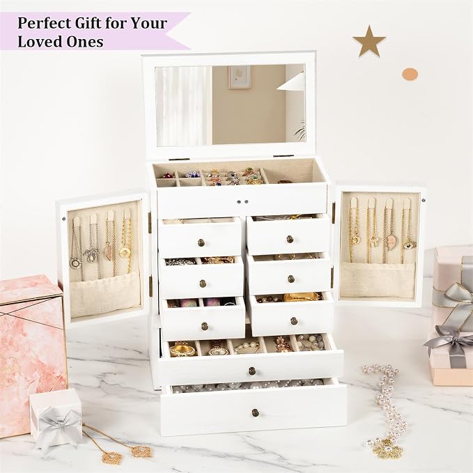 Emfogo Jewelry Box for Women Wooden Jewelry Boxes & Organizers 5-Layer Rustic Large Jewelry Organizer Box with Mirror & 8 Drawers for Rings Earrings Necklaces Bracelets Women Girls Gifts - Image 3
