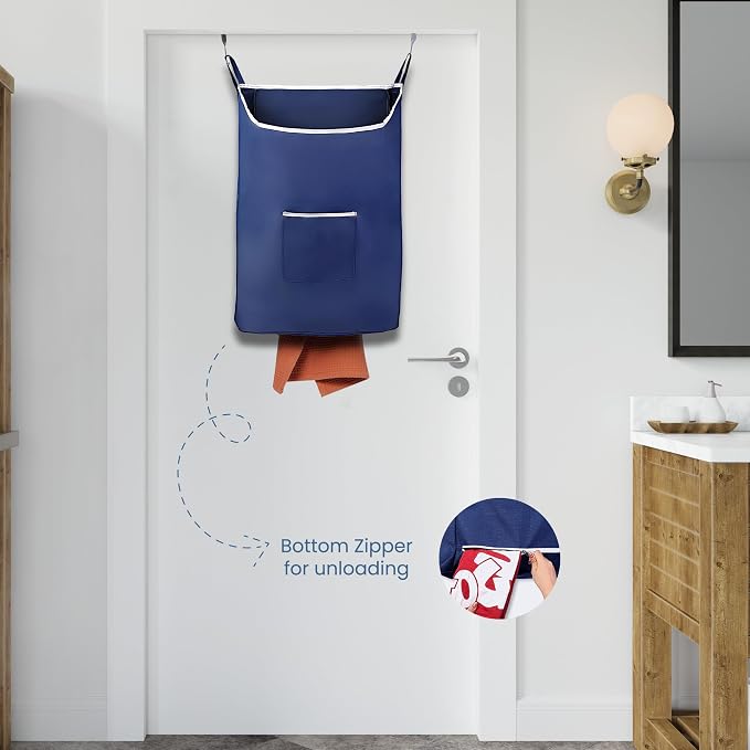 Fine Living Large Hanging Laundry Hamper with Over Door Hooks & Adhesive, Durable Space Saving Laundry Bag with Zipper and Wide Open Top, Hanging Dorm Laundry Hamper 18"x4.75"x28" (Navy Blue-L) - Image 5