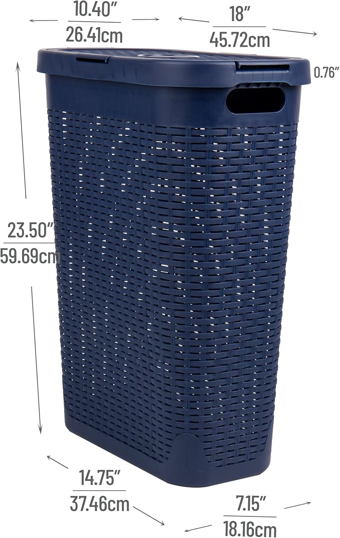 Mind Reader Slim Laundry Hamper with Lid, 40L Clothes Basket, Narrow Tapered Design with Ventilated Cutout Pattern, Plastic, Navy - Image 3