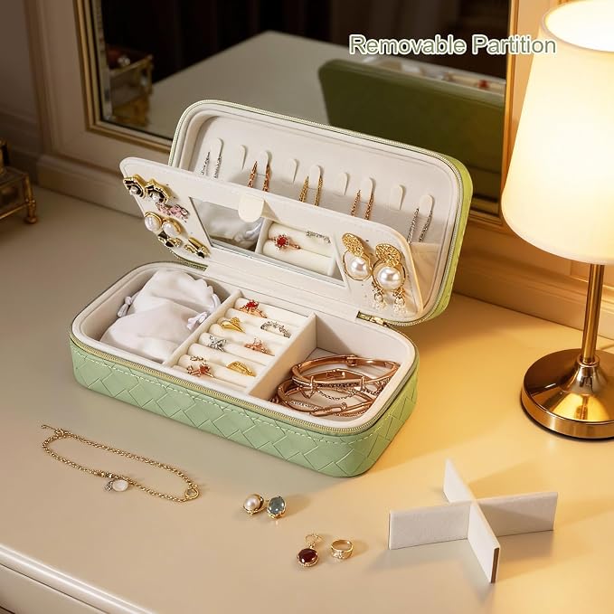 DesignSter Travel Jewelry Case, Woven Embossed PU Leather Jewelry Organizer with Mirror, Small Portable Jewelry Box for Women Rings Necklaces Bracelets Earrings - Image 6