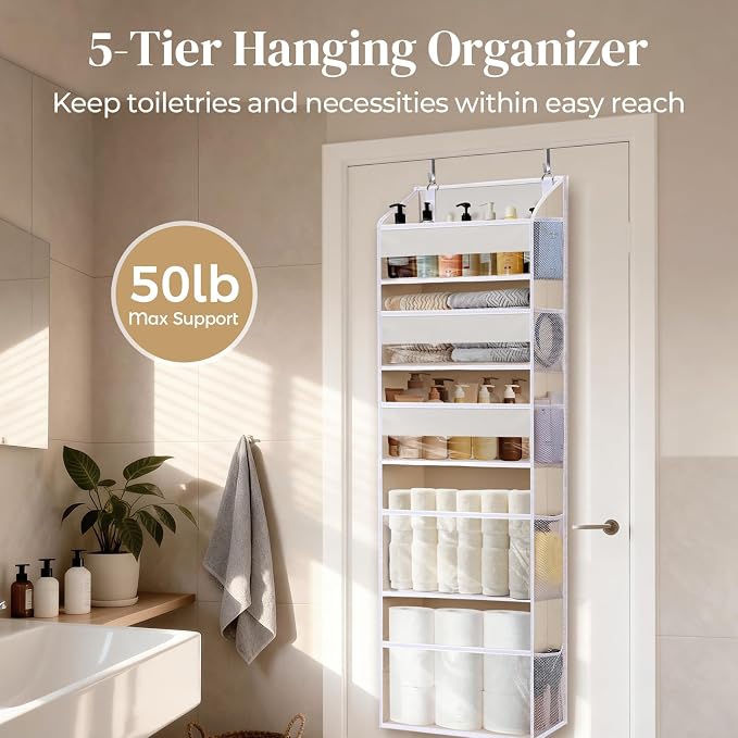 5 Tiers Over the Door Organizer with 10 Mesh Side Pockets, 44 lbs Weight Capacity Closet Hanging Storage Organizer with Large Clear Window Kids Toys, Shoes, Diapers, Beige - Image 4