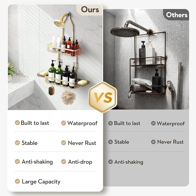 Shower Caddy Hanging, Shower Organizer Hanging, Aluminum Shower Racks for Inside Shower with Hooks for Razor, Never Rust Bathroom Organizers and Storage with Soap Holder, Gold - Image 3