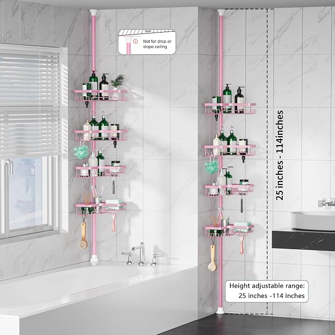DAOYA Corner Shower Caddy Tension Pole - Pink - Rustproof Adjustable Bathroom Organizer Shelf for Shampoo, 25–114.2 Inch Shower Rack for Renters, Apartments - Image 6