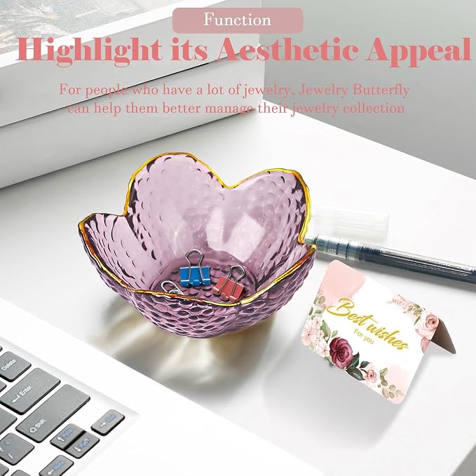 Purple Flower Jewelry Dish Glass Ring Holder Dish Jewelry Tray Cute Vanity Organizer Aesthetic Nightstand Bathroom Room Decor Trinket Dish Mothers Day Friendship Christmas Birthday Gifts for Women - Image 7