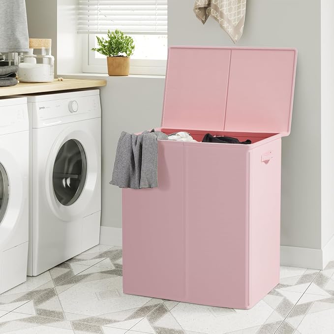 WOWLIVE 154L Double Laundry Hamper with Lid and Removable Laundry Bags, Large Dirty Clothes Hamper 2 section Collapsible Laundry Basket Dorm Room Storage for Bedroom, Bathroom, College,Pink - Image 3