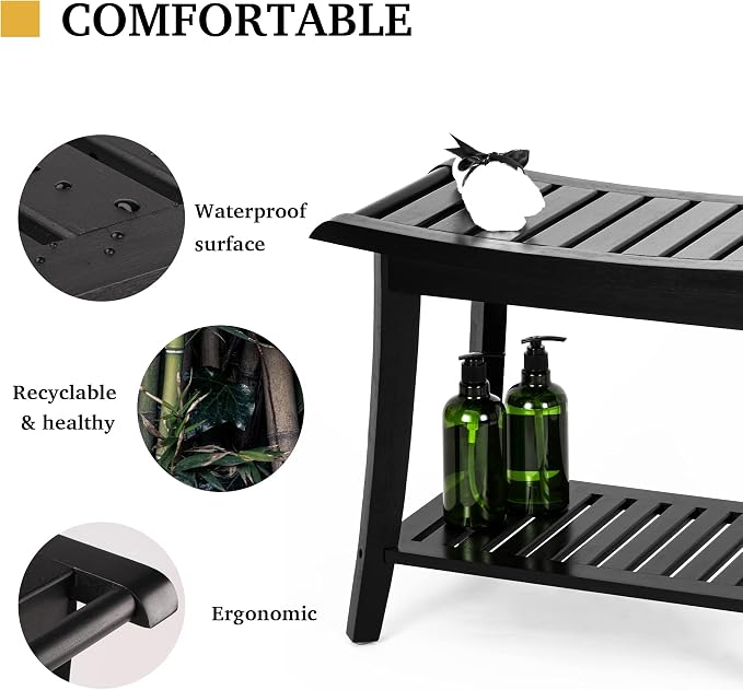 Bamboo Shower Bench Inside Shower Stool with Storage Shelf, Spa Bath Chair for Bathroom, Seat or Organizer for Living Room, Bedroom and Garden - Great for All Ages Unisex Elderly (Large, Black) - Image 4