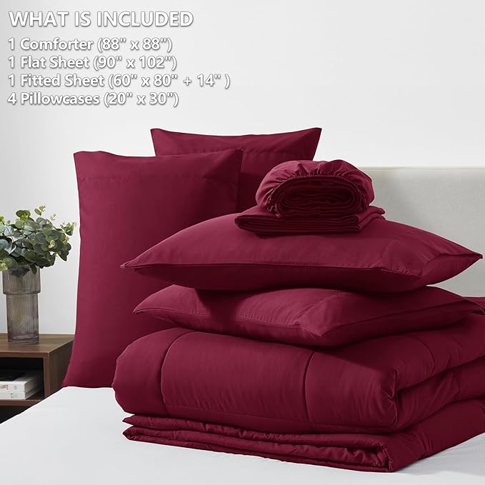 CozyLux Queen Comforter Set Burgundy, 7 Pieces Bed in a Bag, Red Comforters Queen Size, All Season Bedding Sets with Stitch Quilted Comforter, Flat Sheet, Fitted Sheet, Pillowcases